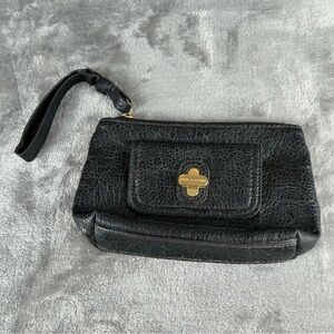 Dana Buchman Wristlet Black Pebbled Faux Leather Wrist Strap Brass Turn Lock